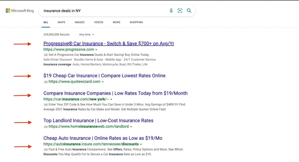 example of insurance deals as search monetization in the search feed